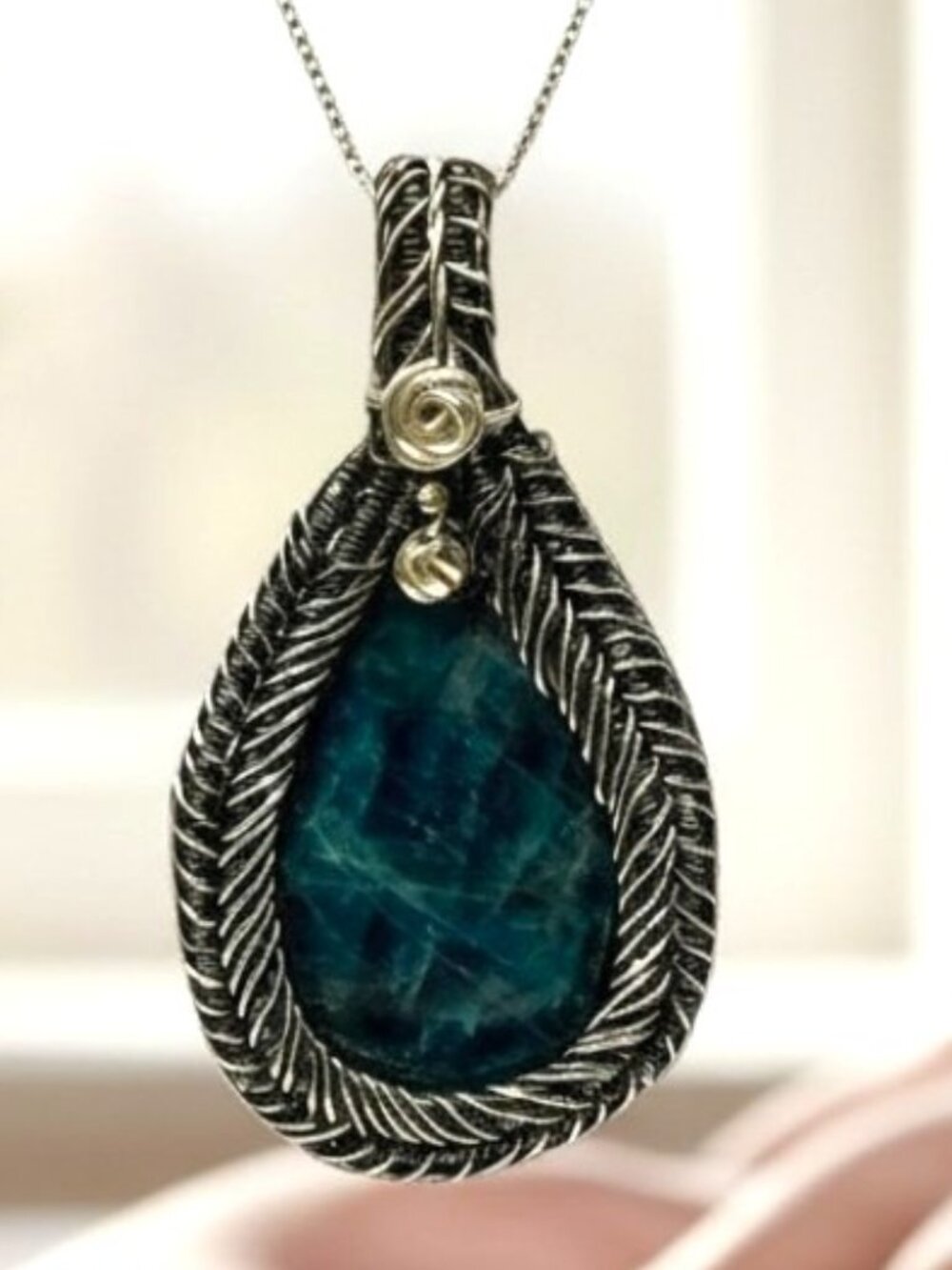 Handmade Sterling Silver Blue Apatite Wire Wrapped Necklace, Reversible
